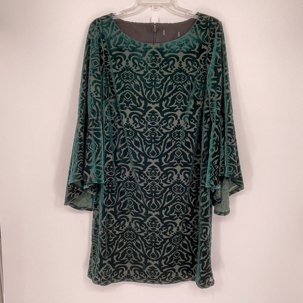 Women's Green Damask Velvet Burnout Bell Sleeve Gothic Sheath Dress Size L